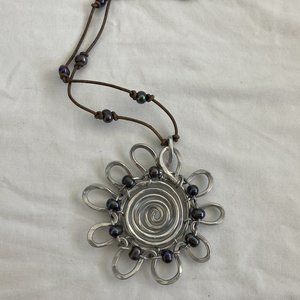 Hammered Aluminum Sunflower Peacock Pearls Strung by Meigsart